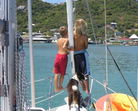 h John, Daniel and Daisy keeping a lookout on our arrival into Clifton Harbour, Union Island.JPG