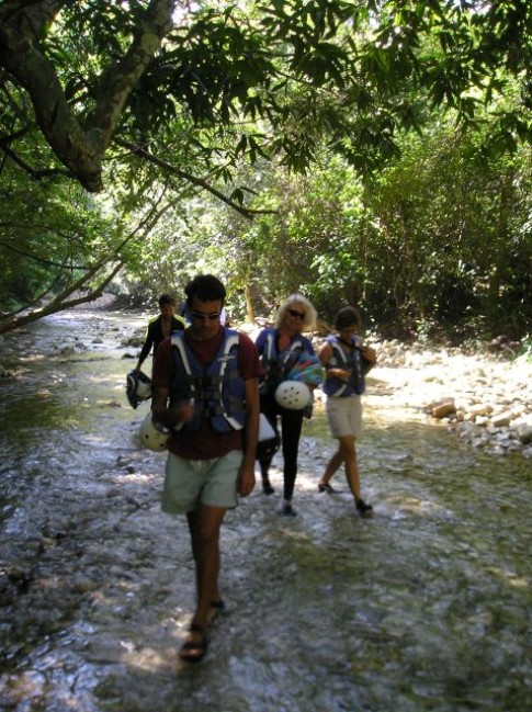 Hiking up the river toward Damajaqua Falls, Alan, Adair and Sabine.