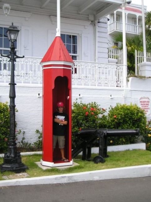 Daniel in a guard tower in Charlotte Amalie, USVI
