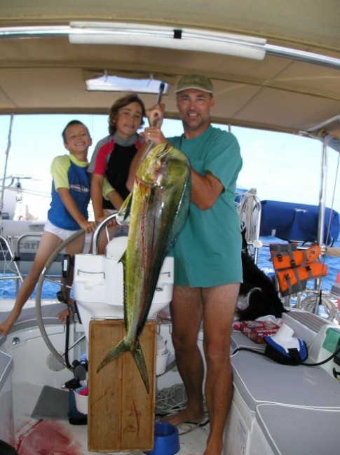 Menno caught the first Mahi-Mahi of the day while under sail in the Exuma Sound on our way to Georgetown.