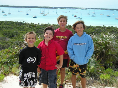 John, David (Contented Turtle), Kelby (Quixodic) and Daniel on Stocking Island in Georgetown, The Bahamas.