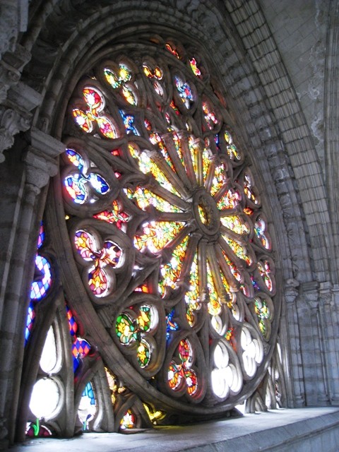 Large stainglass inside the Basilica in Quito. 