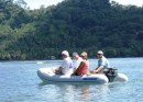 Isla Grande – Bob, Glenn, Heather and Kent dingy into shore for lunch. Thanks s/v Moody Blues for the photo.