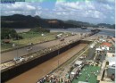 Panama Canal – photo from the Miraflores lock webcam. We are the small speck of a sailboat the closest to the camera. Thanks s/v Solstice for getting this picture for us!