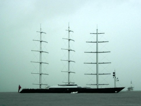 Panama City – The Maltese Falcon, one of the worlds largest sailboats passes by Balboa Yacht Club on its way to transit the canal. 