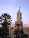 Cathedral in Arequipa, snowcapped mountains in the background. 