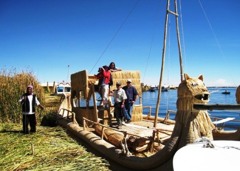 Islas Flotantes on Lake Titicaca. The island and boat are made totally of reeds. Kerry, Amy, Wyatt, Kent and Heather are on the boat, which will last approx. one year before deteriorating. 