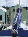 To make the large main easier to handle it is fully battened.  The top of the sailcover has two zippers ending in the middle. Th