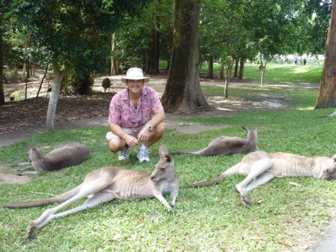 Allan with lazy kangaroos at the Australia Zoo.