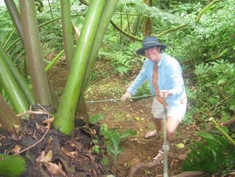 Raro: Alison climbing the long rope on a muddy, slippery slope in this beautiful jungle.