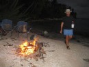Allan and the bonfire he built with Michael and Greg, Fakarava