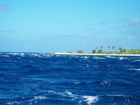 Entrance to the south pass to Fakarava; note the churning water as the tide flows out