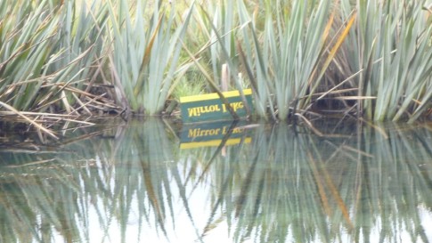 Mirror Lakes on the road from Te Anau to Milford Sound. New Zealand has a good sense of humor!