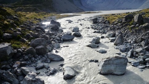 River near the Hooker Glacier. The chalky color comes from the fine silt of rock and lava, making the river completely opaque.