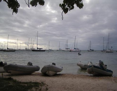 The anchorage at Opunohu Baie with some of the Rendezvous boats and supporting dinghies.