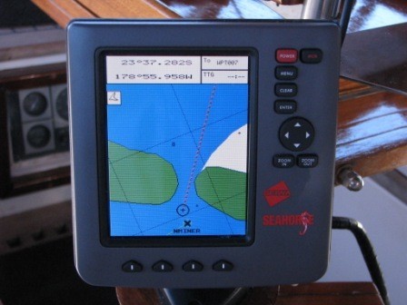 Chart plotter shows us entering through the pass into the lagoon at North Minerva Reef