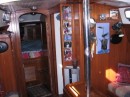 Standing in the center of the boat looking forward into the V-berth, where we sleep. There