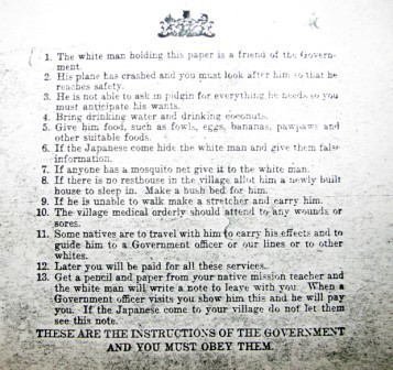 The English translation of Pidgin Instructions to locals who found and helped allied servicemen in WW II