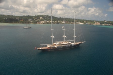 Two beautiful yachts visit Port Vila. Foreground: Eos, the largest private sailing yacht in the world. Background: Shenandoah, one of the great classic sailing yachts. (Photo by Sam Bell of Kaleva Yacht Services)