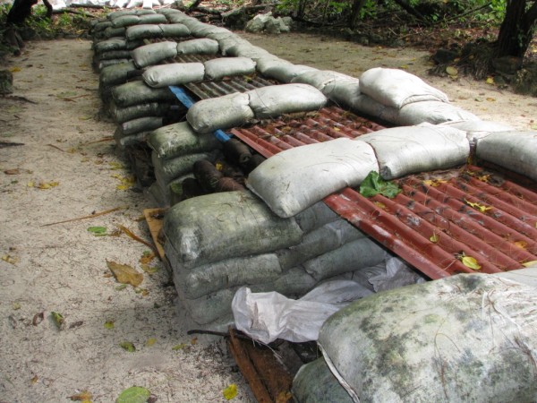 Sandbagged WW II explosives recovered from Peleliu and waiting to be exploded