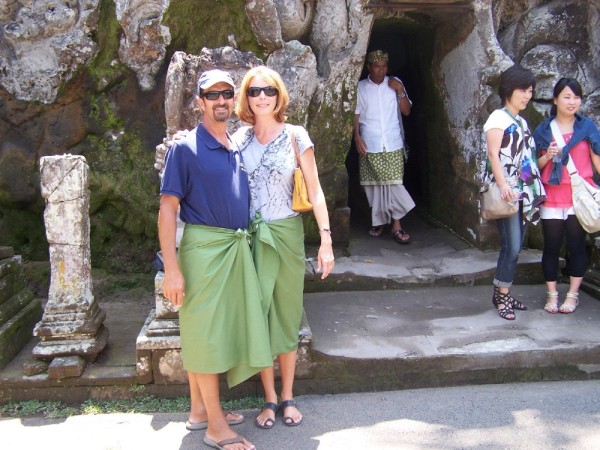 Mark and I in our sarongs at the first temple - Goa Gajah Temple