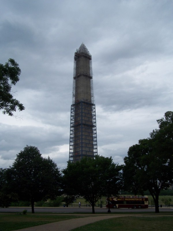 Damaged in the earthquake in 2011, the Washington Monument is still being repaired.  