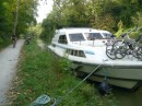 Tied up for the night.  Note the path beside the boat.  It follows the canal the entire length. Great for running and biking.