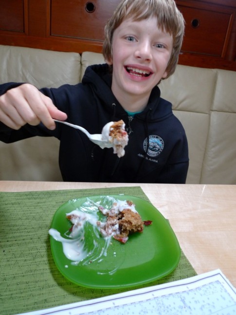 Glen enjoying rhubarb crisp, made from rhubarb picked from our (former) Killewich garden.  (Thank you Sudie and Dianne!)