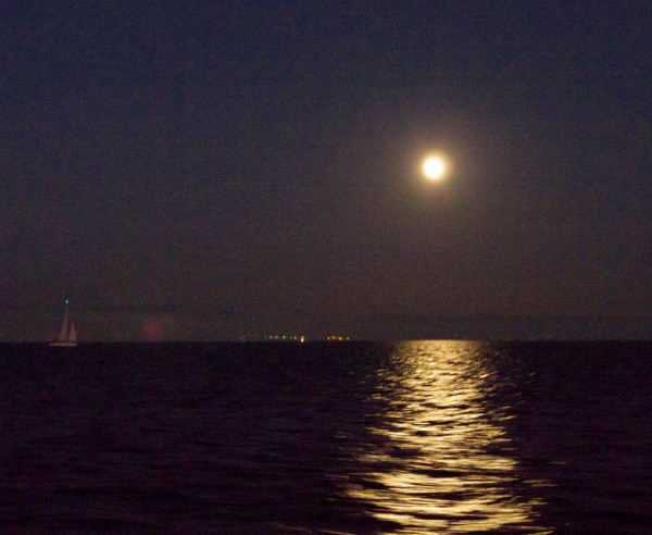 Our first night sail was gilded with moon light.