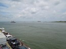 Approaching the entrance to Galveston Bay on the ferry; you can see another ferry heading towards Galveston.