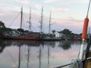 Early morning view from Marco Polo: Background- red  Draken Harald Harfagre -Viking Ship 
and the  Charles W. Morgan whaling ship