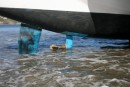 Beached the boat.  We were almost able to change the oil in the sail drive.  Good pic of the folding 