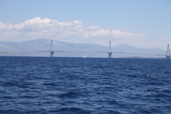 Approaching the largest cable stayed bridge in the world. The Rio-Antirro Bridge