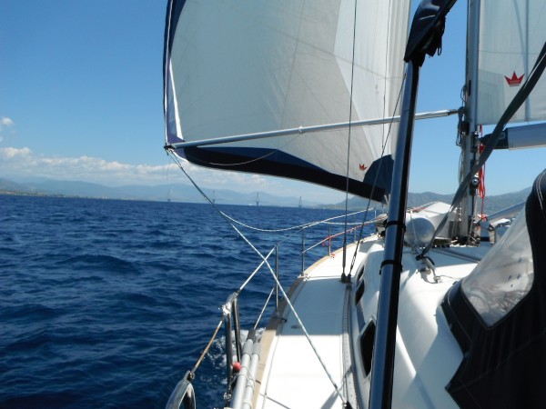 Leaving the Gulf of Patras and sailing wing on wing into the Gulf of Corinth