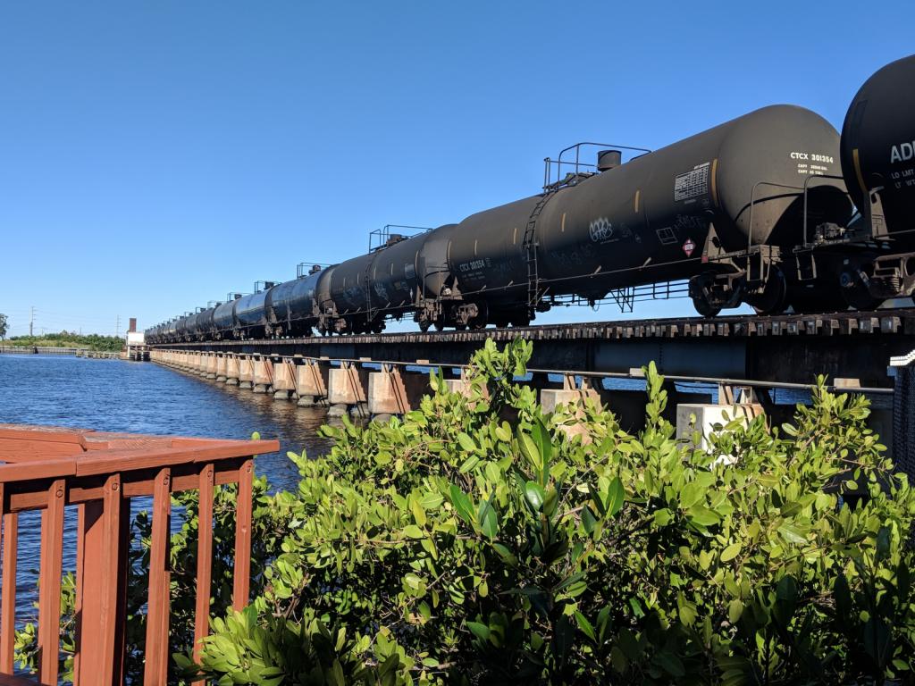 One of many daily trains going right by the marina