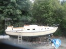 new deck paint on, life lines on, hull paint with boot stripe, Leiann just needs to touch up bottom paint edge now.
