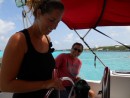 Natalie navigating the Staniel Cay Express Catamaran