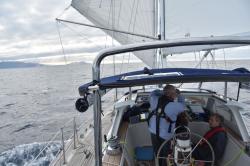 Down wind rig, Bay of Plenty: Running with the wind well aft, across the Bay of Plenty on the return passage.