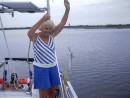 Rose catching a small hammerhead while anchored at Pine Island 12 miles north of St. Augustine.