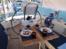 A simple lunch on board in Oeiras Marina: soup, salad and a glass of red wine.  The (chilled) red wine is for medicinal purposes only!