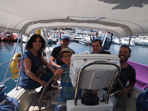 Friends on Njord before our Sunday sightseeing trip.
From the left: Marie, Gonzalo, Diego at the helm, Jose and Carlos