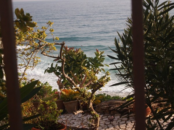 Looking towards the surfing beach in Almadena from one of the pretty terraces above the old Customs House.