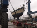 June 2012
Our beautiful Malo 39 is lifted from the truck by the Endeavour Quay hoist to be put in her cradle so work can be don on her before we launch her in the UK 