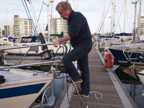 Vic testing out our new shiny bow ladder for our Mediterranean bows to mooring 