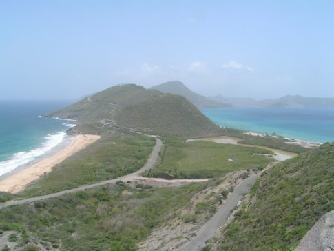 The South side of the island, near Frigate Bay.  The Atlantic is on the left, the Caribbean is on the right.