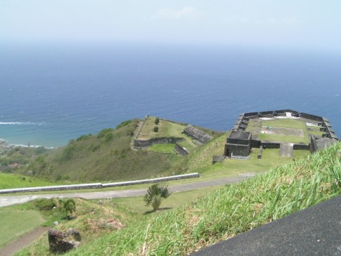 A view to the west.  The fort has many different levels so as to better defend itself.  It was redesigned after the French captured it in 1782 and then returned to the Britishin 1783.