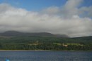 Brodick castle and Goatfell in clouds.