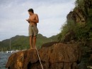 Stephen setting the anchor on the rock in Anse D