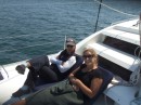 Dede & Katie bundled up on deck sailing Penobscot Bay 082211