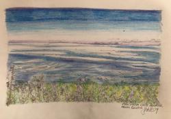 View from Cape George Lighthouse.: Colored pencils on plain vanilla paper, as raisin-sized ticks were feasting on me without me noticing!! Everybody likes Italian I suppose...